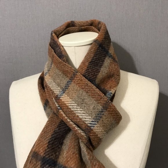Brown Tan Taupe Plaid Wool Scarf - Picture 3 of 8